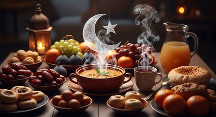 Fototapeta premium Cozy evening iftar table with steaming soup, dates, tea, fresh fruit, lantern light, and a decorative crescent moon with star. Warm tones and festive dining scene.