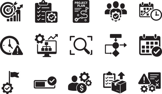 Project icon set collection in solid glyph style with plan, task, goal, timeline, team, deadline icons.