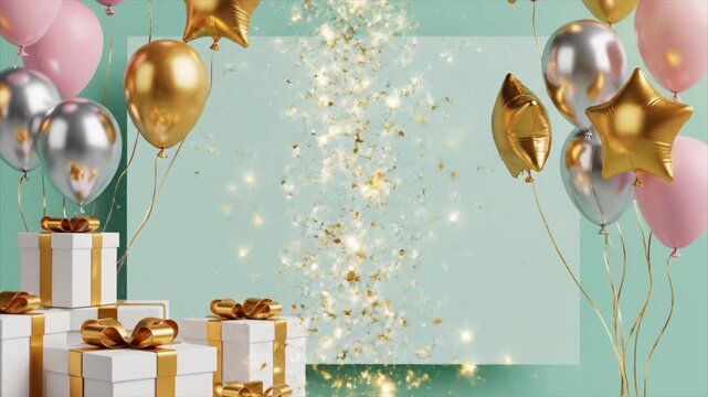 Elegant Celebration Background Loop with Gold Confetti, Gift Boxes, and Balloons