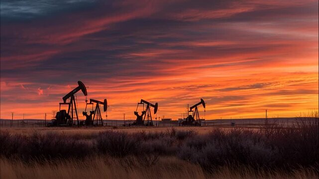 Row of pumpjacks in an oil field under a cloudy evening sky