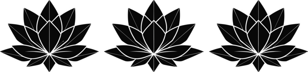 Geometric Lotus Flower Silhouette Vector Icons for Yoga Studios, Meditation Branding, Wellness Spa Logos, Zen Spiritual Health Graphics, and Minimalist Floral Decorative Pattern Designs © MD