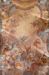 VERCELLI, ITALY - JANUARY 16, 2026: The baroque ceiling fresco Glory of St. Cristophorus in the...