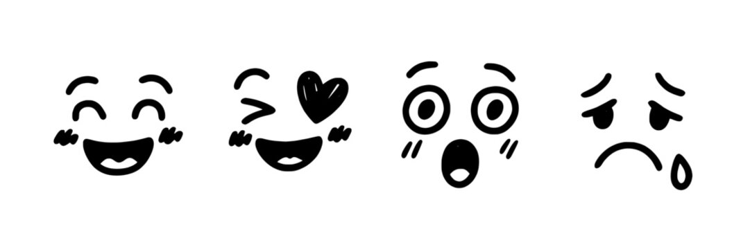 Faces emoji set with various expressions including happy, loving, surprised, and sad emotions featuring icons, black and white, simple with line art and digital art elements for communication, social
