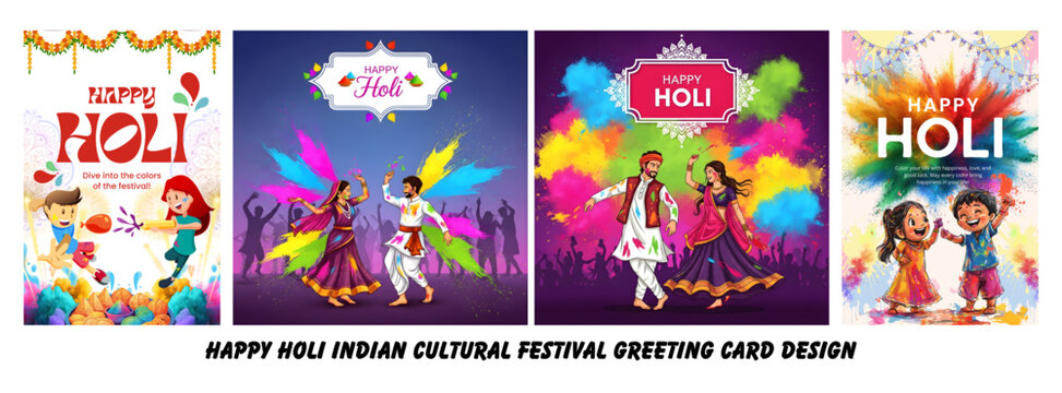 Festive Holi celebration artwork featuring vibrant colors, dancing figures, and children playing with powder.
