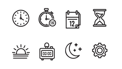 Fototapeta premium Time Icons Set: Clock, Stopwatch, Calendar, Hourglass, Sunrise, Alarm, Moon, Gear