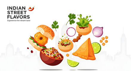 Colorful Illustration of Indian Street Food with Samosa and Spices