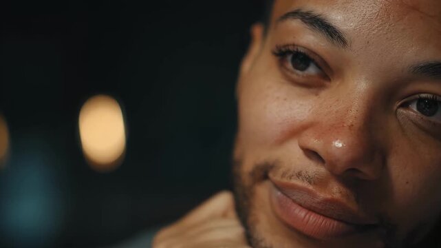 Medium framed clip of someone recording a sincere video eulogy looking thoughtfully into the camera with emotional expression.