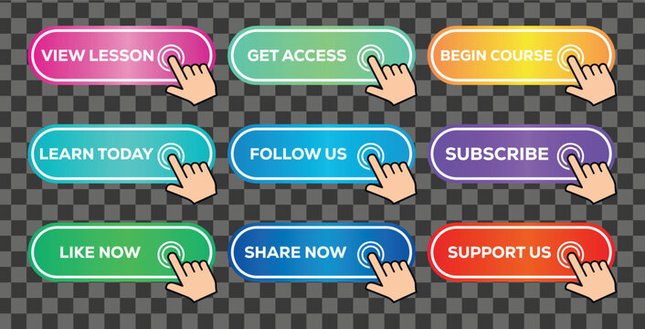 Colorful clickable call to action button set with hand cursor for website app marketing and social media interface design vector