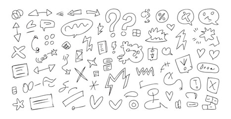 Set of hand drawn sketch doodle arrows, question marks, speech bubbles, checkmarks, crosses, lines