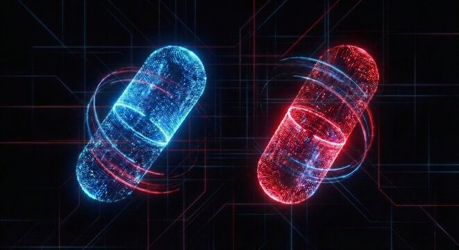Two floating futuristic capsule pills blue and red made of digital particles