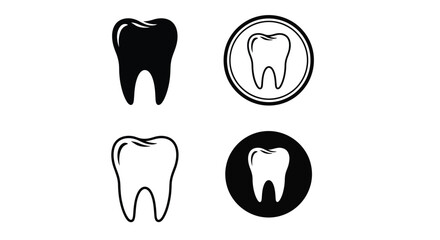 Collection of black and white dental tooth illustrations in various styles and designs
