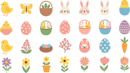 Cute Easter icons vector set with bunny chicks eggs flowers and spring holiday cartoon illustration collection © Momota