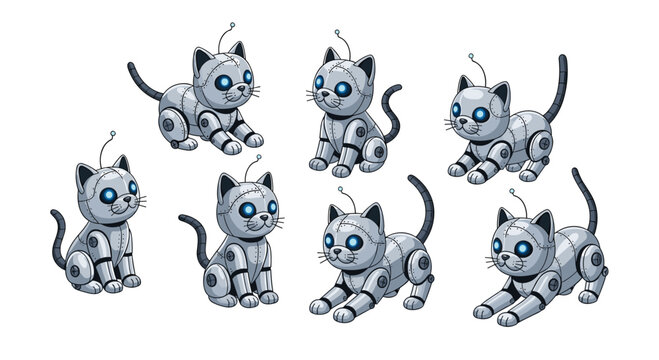 Adorable collection of seven unique robot cats in metallic gray, showcasing various playful poses and futuristic design