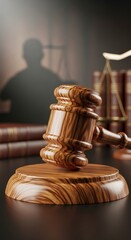Wooden gavel on a desk in courtroom.