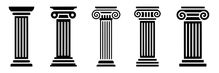 Columns classical set with intricate capitals and fluted shafts in black and white line art style featuring architecture, Greek, Roman with design and building elements for structure, ancient