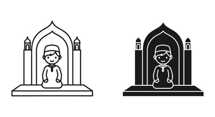 Obraz premium Cartoon Muslim boy praying in mosque doorway with minarets, simple line art