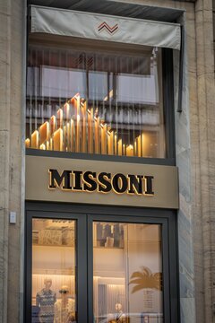 Milan, Italy - 2026, 3 Feb: Missoni FW25 boutique with elegant gold signage, stylish window display, and modern architectural details in the heart of Milan