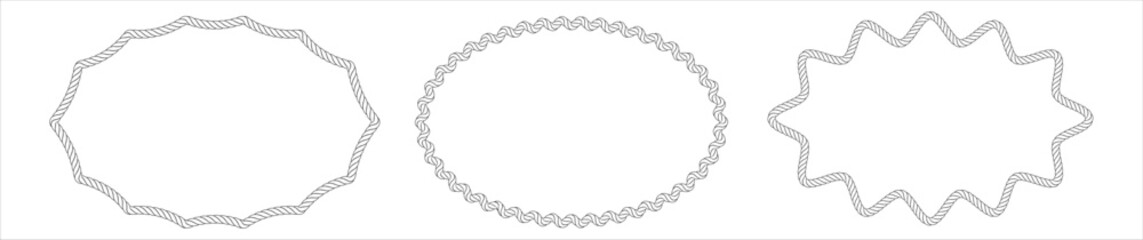 Vector rope border collection with round, oval, and rectangular frames. Nautical string patterns perfect for marine logos, banners, and decorative design elements with authentic maritime style.