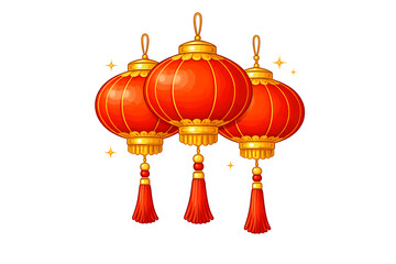 Obraz premium Radiant Lanterns: An image of three red lanterns hanging, each one glowing with a warm light and intricate golden details, radiating festive charm and cultural significance.