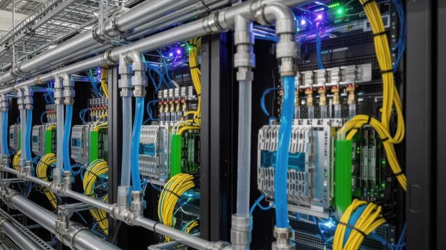 Data Center Server Room with Liquid Cooling System.