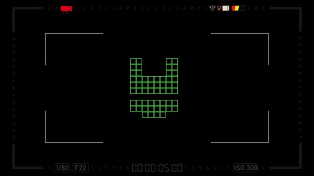 Realistic animation of the camera screen with focus effect, black frame, flashing circle with REC, stopwatch. A 4k video recording frame with an alpha channel.