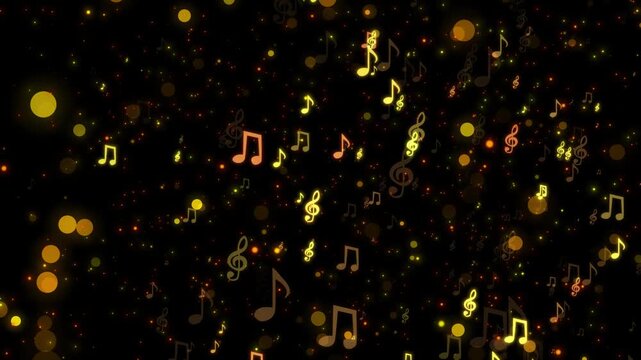 Sparkling Golden Musical Notes And Bokeh Particles Floating On Black Background  Dynamic Music Celebration Loop, Golden Music Notes And Sparkling Bokeh Particles Floating On Black Background Loop