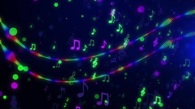 Dynamic Music Visualizer With Rainbow Audio Waves And Glowing Musical Notes On Dark Background, Colorful Music Equalizer Waves And Floating Notes Background