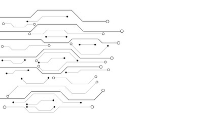Fototapeta premium Minimal black circuit board line background with abstract electronic connections and node dots, modern technology vector pattern for digital interface, AI, network and futuristic design