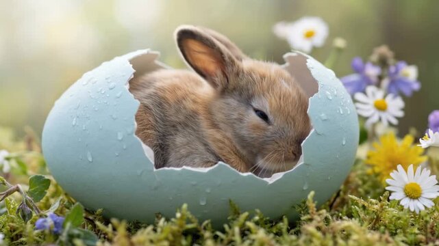 Adorable bunny nestled in blue eggshell among spring flowers