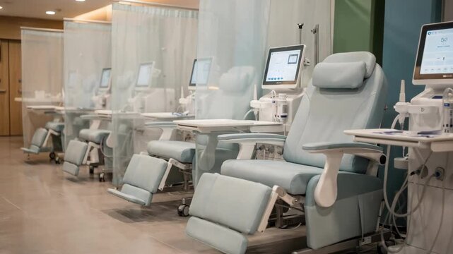 Row of dialysis chairs in focus during standard shift highlighting patient comfort and advanced dialysis machines with background privacy dividers gently out of focus.