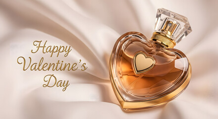 Luxury Heart-Shaped Crystal Perfume Bottle on Elegant Pink Satin Silk for Valentine&rsquo;s Day Greeting