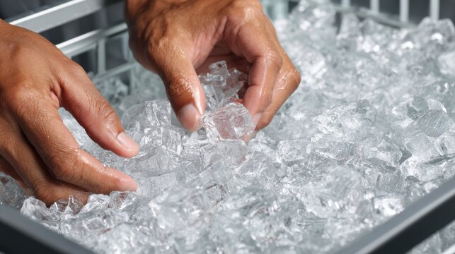 Repair Process for Refrigerator Ice Maker With Hands Working on Ice and Ice Cubes in Basket During Service Session