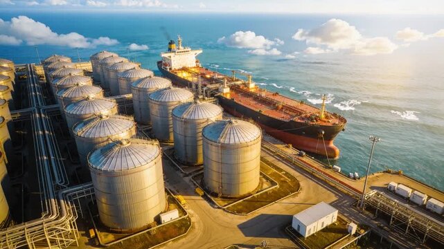 Crude oil tanker moored at coastal refinery terminal for loading operations. Aerial view of maritime logistics and energy infrastructure at sunset.