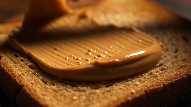 Delicious Peanut Butter Being Spread on Toast for a Tasty Snack.