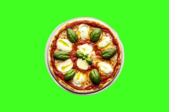 High Quality Italian Margherita Pizza Served on a Round Plate with Ingredients Displayed on a Clean green Background
