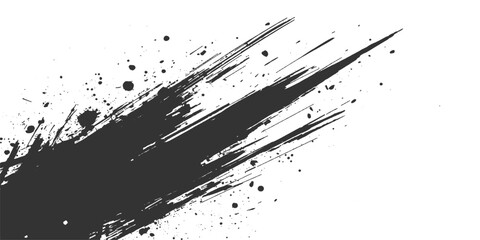 A grungy black ink splat design features a textured paint splash and liquid spray splatter pattern with artistic brush drips and a dirty spatter border element on a vector background