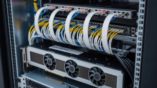 Server Rack with Network Cables and Equipment.