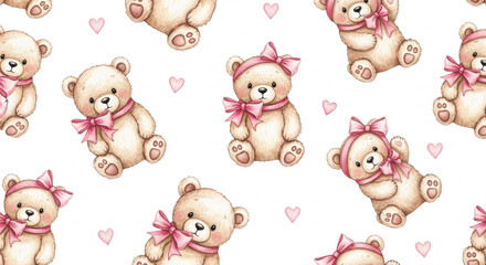 Obraz premium Seamless Cute Teddy Bear Pattern with Pink Bows and Hearts Watercolor Style, Valentine's Day