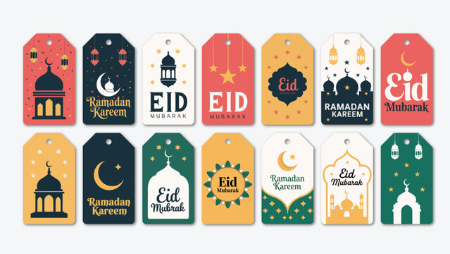 Ramadan Kareem and Eid Mubarak Gift Tags Collection - Islamic Printable Labels with Mosque, Crescent Moon and Lantern Designs for Muslim Holiday Gift Wrapping, Party Favors and Eidi Envelopes - Vector