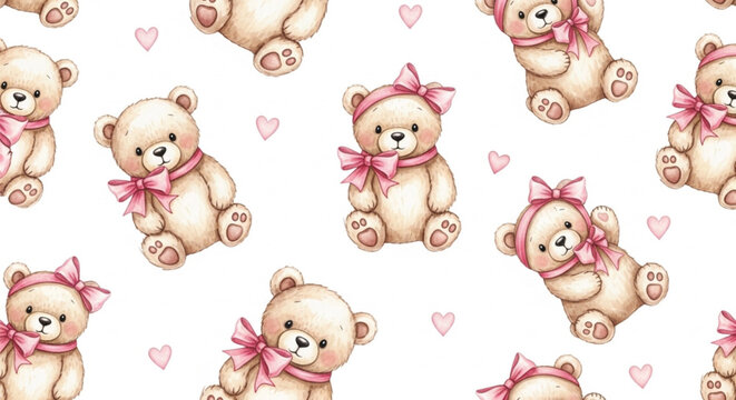 Seamless Cute Teddy Bear Pattern with Pink Bows and Hearts Watercolor Style, Valentine's Day