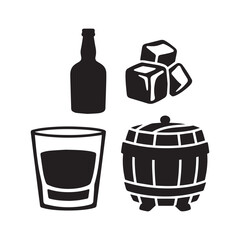 Collection of Alcohol Icons Featuring Glass with Ice Cubes Wooden Barrel and Bottle.