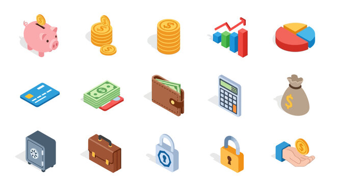 Isometric finance and business icon set with money, banking, and investment symbols on an isolated white background.