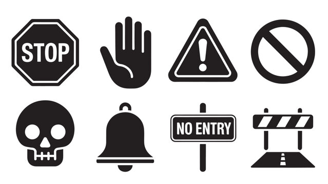   
Black-and-white warning and prohibition icons including stop signs, raised hands, warning triangles, prohibition circles, skulls, bells, no entry signs, and barricades.