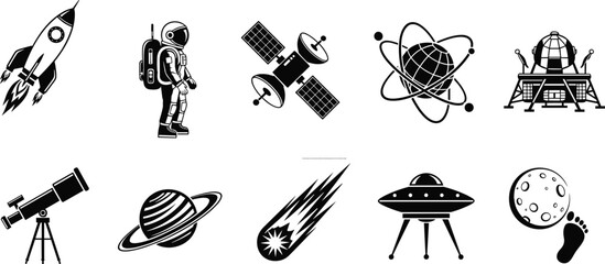Black and white space icons set, rocket astronaut satellite atom lunar lander telescope planet meteor UFO moon vector illustration isolated © MDRAKIB