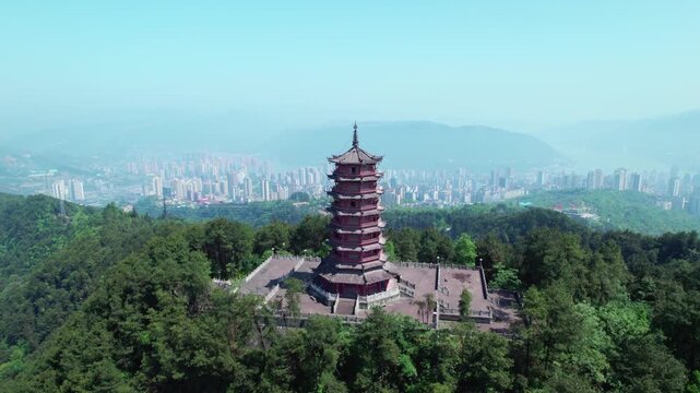 Ancient Chinese Pagoda Overlooking Modern City Skyline