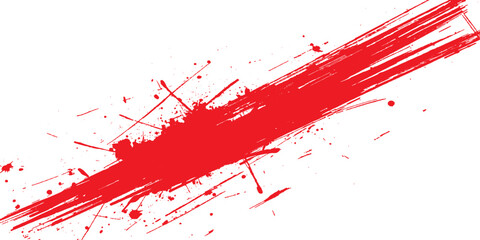 Vibrant red ink splat and paint splashes create a grunge texture with liquid drips and splatters in this artistic vector illustration