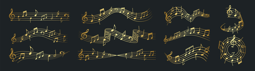 Golden musical notes and flowing staff lines vector illustration set on dark background © Ira