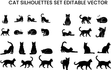 Fototapeta premium Cat silhouettes set editable vector displaying graceful movements like pouncing creeping and lounging for professional animal branding pet product packaging and minimalist wall art decor