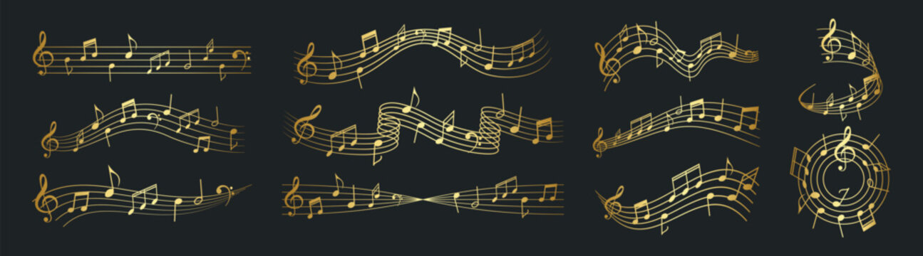 Golden musical notes and flowing staff lines vector illustration set on dark background