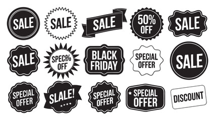 Obraz premium Black-and-white promotional labels with bold text highlighting sales, discounts, special offers, and Black Friday deals.